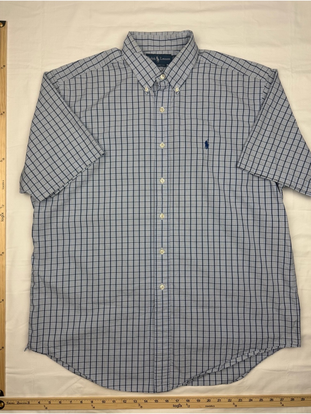 Ralph Lauren Blue and White Plaid Short-Sleeve Button-Down Shirt